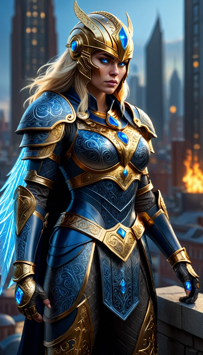 a full body shot of a woman standing on a roof top looking down at a city. A blonde woman, (glowing blue eyes), pretty face, full face, medium length straight hair over one shoulder. she wears shiny dark blue armor with gold trim (deep v-neck and exposed cleavage, bare chest:1.4), (large breasts:1.3), Natural skin texture, detailed skin. City scape background. , hex pattern on armor, intricate runes carved on armor, (reflective surface), and a (Norse helmet with wings on the side covers her head:1.3), intricate details, armored glove, (left glove is gold with gemstones and runes). a stern expression on her face. (highres:1.3) (4k,8k,best quality, masterpiece), full-body image, volumetric lighting, lens flare.