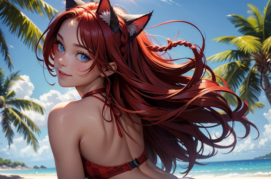 (high resolution, upper body, soft skin:1.2),(best illustration,masterpiece:1.2),ultra-detailed,[(cat ears , red inside:1.2, red braided hair, blue cat eyes),vivid colors,sharp focus, sunlight,bokeh, wearing a checkered bikini, beach background, smiling, crawling ,  from below, back turned to viewers