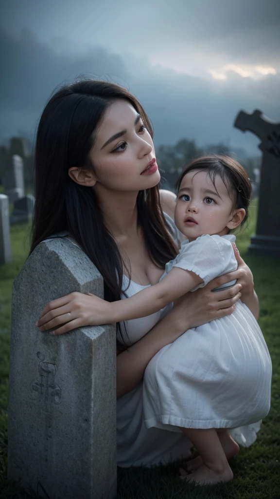 a 40 year old pregnant woman crying with 3 small children in front of a grave,detailed face and body,extremely detailed eyes and face,longeyelashes,beautiful skin,sad expression,holding children,mourning,cemetery,gravestones,cloudy sky,gloomy atmosphere,somber mood,dramatic lighting,muted colors,realistic,photorealistic,photo-realistic:1.37,(best quality,4k,8k,highres,masterpiece:1.2),ultra-detailed,HDR,UHD,studio lighting,ultra-fine painting,sharp focus,physically-based rendering,extreme detail description,professional,vivid colors,bokeh