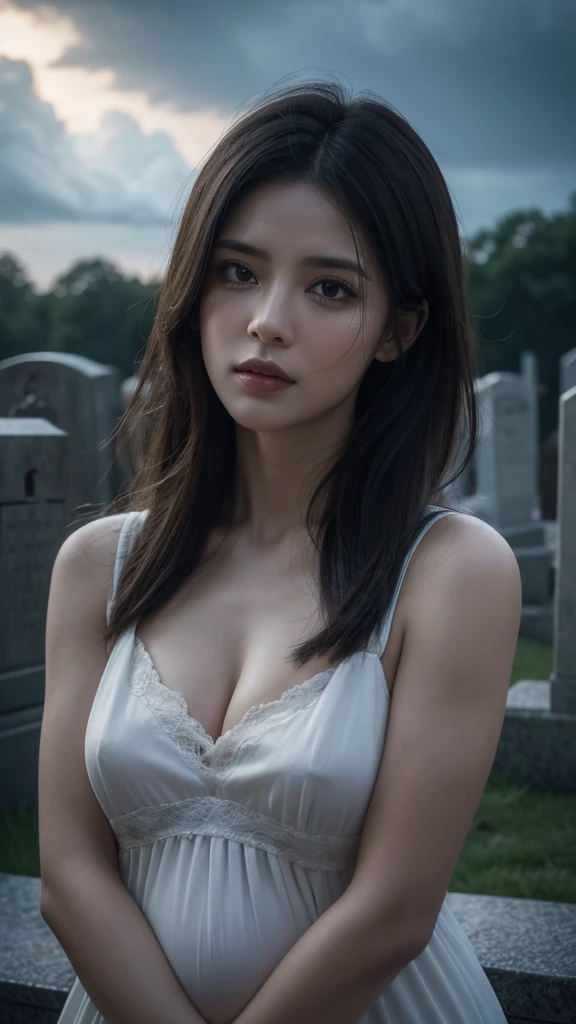 a 40 year old pregnant woman crying with 3 in front of a grave,detailed face and body,extremely detailed eyes and face,longeyelashes,beautiful skin,sad expression,holding children,mourning,cemetery,gravestones,cloudy sky,gloomy atmosphere,somber mood,dramatic lighting,muted colors,realistic,photorealistic,photo-realistic:1.37,(best quality,4k,8k,highres,masterpiece:1.2),ultra-detailed,HDR,UHD,studio lighting,ultra-fine painting,sharp focus,physically-based rendering,extreme detail description,professional,vivid colors,bokeh