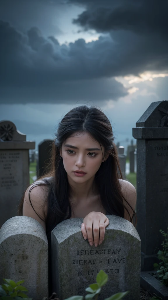 a 40 year old pregnant woman crying with 3 small children in front of a grave,detailed face and body,extremely detailed eyes and face,longeyelashes,beautiful skin,sad expression,holding children,mourning,cemetery,gravestones,cloudy sky,gloomy atmosphere,somber mood,dramatic lighting,muted colors,realistic,photorealistic,photo-realistic:1.37,(best quality,4k,8k,highres,masterpiece:1.2),ultra-detailed,HDR,UHD,studio lighting,ultra-fine painting,sharp focus,physically-based rendering,extreme detail description,professional,vivid colors,bokeh