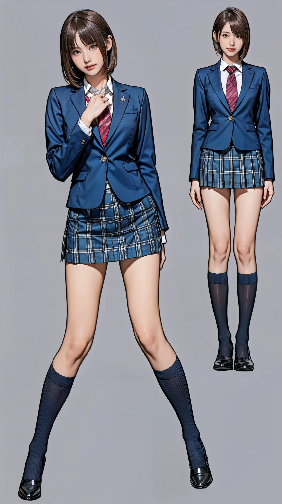 ((masterpiece)),(((Highest quality))),((Character design sheet)),Thin thighs,Long legs,Girl standing in a school classroom,Red Tie Uniform,Dark Blue Blazer,Blue plaid skirt,18-year-old,bangs,A small smile,Random Pause,pretty girl,Slender girl,