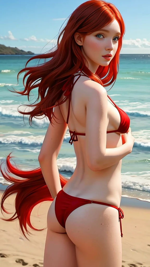 Jia Lissa look alike, (Jia Lissa twin), medium height red hair, big forehead, beautiful eyes, , medium fit juicy ass, standing on the beach and posing in front the viewer in a tight thong bikini