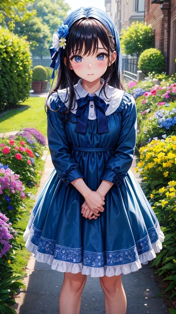 A girl in a blue dress is bowing. There are colorful flowers all around.