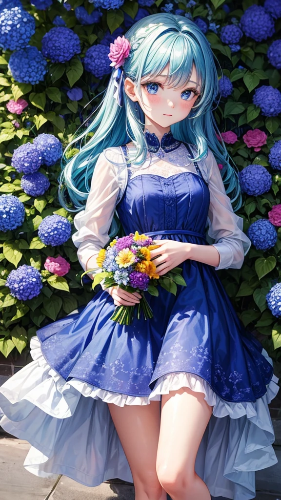 A girl in a blue dress is bowing. There are colorful flowers all around.