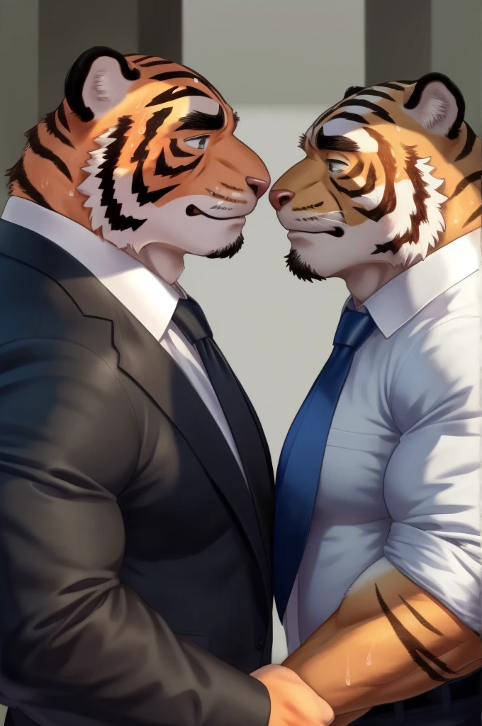 Author: bontiage, (2 boy), tiger, big bulge crotch, boner, Black pants, (sweat:1.6), long sleeve plain White shirt, Blue necktie, Men's Second, kemono, hot body, muscle, Beautiful, sexual, Attractive guy, (Detailed black eyes), brows, (masterpiece, A high resolution, Best quality), 4K, a male, Beautiful shadow, (red cheek:1.5), (Twins facing each other:1.5),front side, They both look exactly the same,  One of them is naked and has his hands and feet tied.