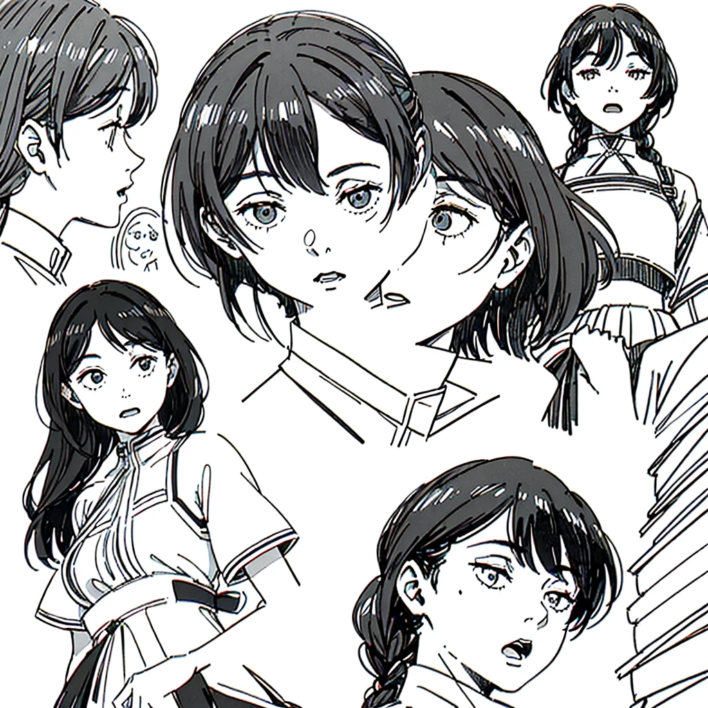 One Girl,Line art,Monochrome,sketch,Pencil drawing,Traditional Media,One Girl, skirt,Cute Teenage Girls, ,Beautiful portrait、Delicate body、Black Hair、Black Hair,landscape (Multiple Views, Multiple Angles), Side view, Front view, look up, Look down, Rear View, 20-degree head view(((Dynamic pose))),((Open mouth expression)) ,