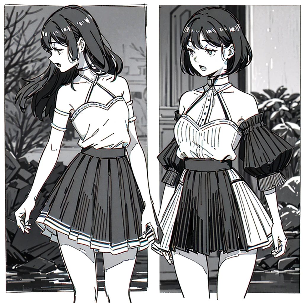One Girl,Line art,Monochrome,sketch,Pencil drawing,Traditional Media,One Girl, skirt,Cute age Girls, ,Beautiful portrait、Delicate body、Black Hair、Black Hair,landscape (Multiple Views, Multiple Angles), Side view, Front view, look up, Look down, Rear View, 20-degree head view(((Dynamic pose))),((Open mouth expression)) ,