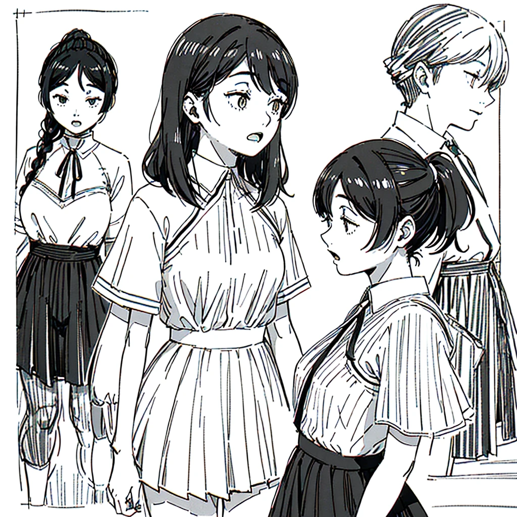 One Girl,Line art,Monochrome,sketch,Pencil drawing,Traditional Media,One Girl, skirt,Cute Teenage Girls, ,Beautiful portrait、Delicate body、Black Hair、Black Hair,landscape (Multiple Views, Multiple Angles), Side view, Front view, look up, Look down, Rear View, 20-degree head view(((Dynamic pose))),((Open mouth expression)) ,