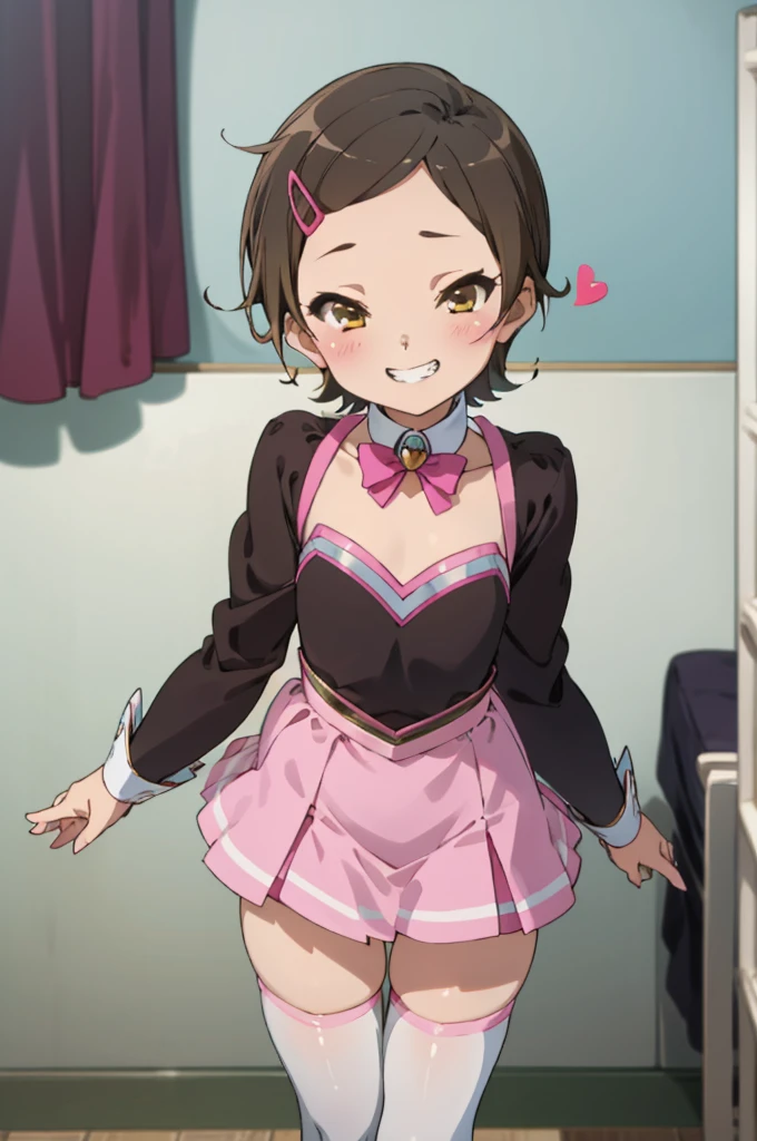 ,,(petite), 1girl, looking at viewer, , hazuki katou,,,, ,my room,,blush,(spoken heart),,flat chest,(evil smile,grin),magical girl costume,miniskirt,thighhighs,,long sleeves,