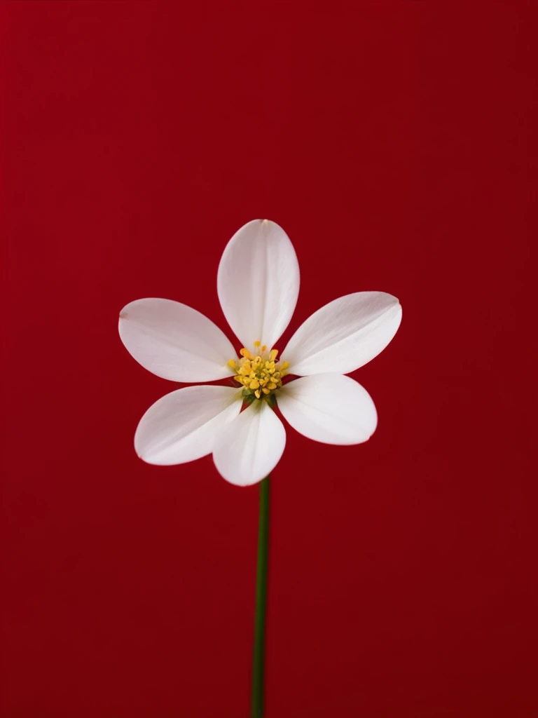 1 small white flower on a solid red background，50%White Space