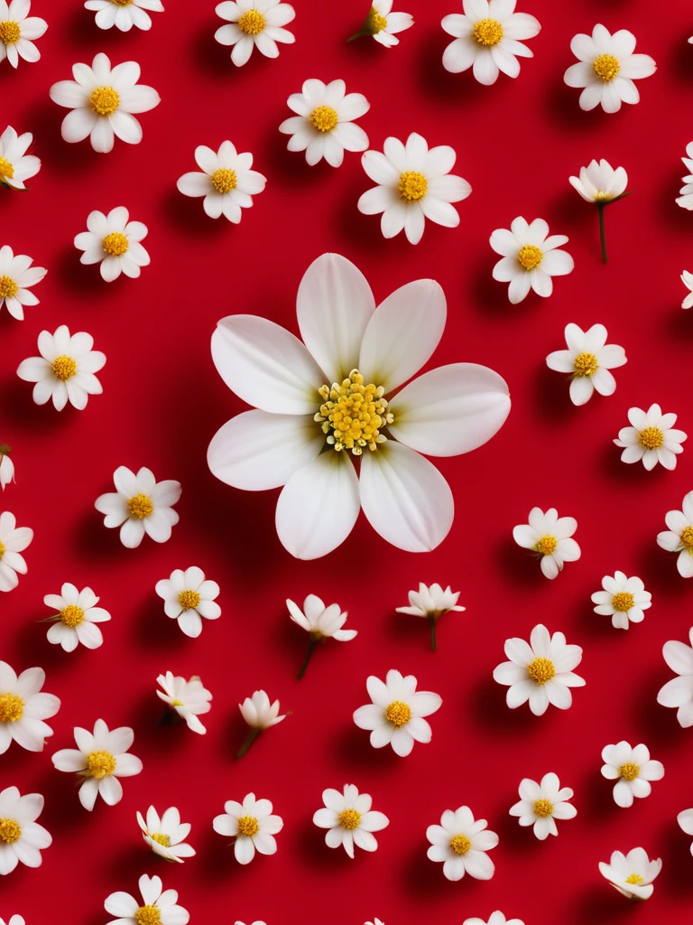 1 small white flower on a solid red background，50%White Space