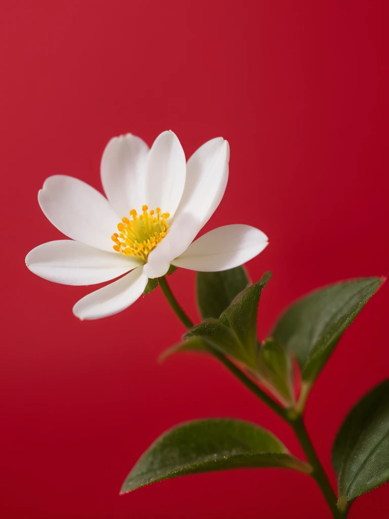 1 small white flower on a solid red background,50%White Space