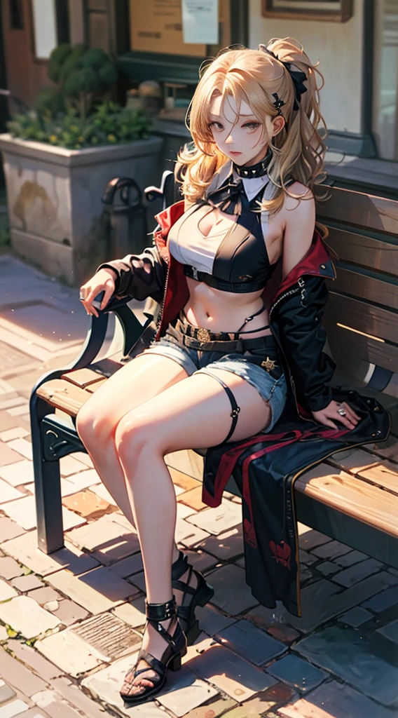 highres, 1girl, ((hair cover one eye, loona shorts, face detailed, spiked collar, pentagram on chest, Legs long, bored face, feets, and to the cauda, academy, dentro da academy, luvas loona, sitting on a bench))), solo, crop top, breasts big, fully body, tummy, Waist slender, big hips, ((((front)))), loona, black thighs, hairy, Pelo, antrum, Eyes red, patas