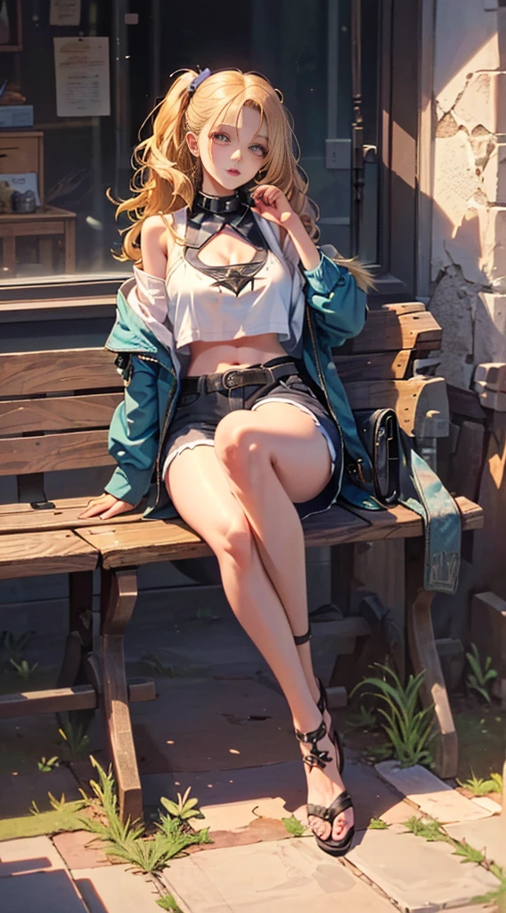 highres, 1girl, ((hair cover one eye, loona shorts, face detailed, spiked collar, pentagram on chest, Legs long, bored face, feets, and to the cauda, academy, dentro da academy, luvas loona, sitting on a bench))), solo, crop top, breasts big, fully body, tummy, Waist slender, big hips, ((((front)))), loona, black thighs, hairy, Pelo, antrum, Eyes red, patas