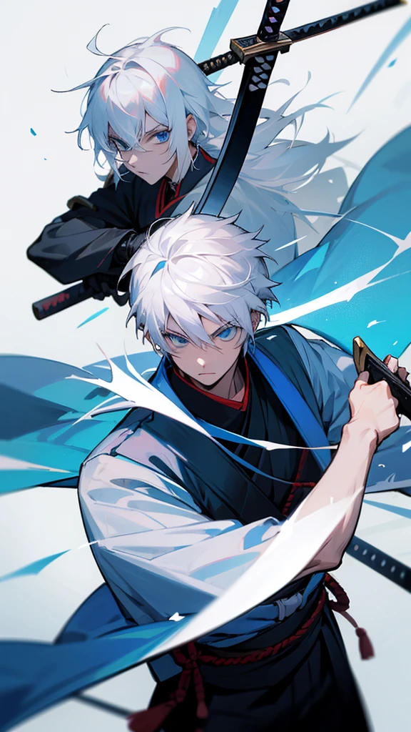 white haired blue eyed boy with samurai outfit and sword