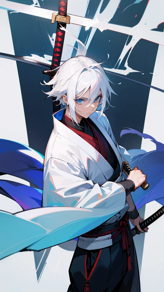 white haired blue eyed boy with samurai outfit and sword