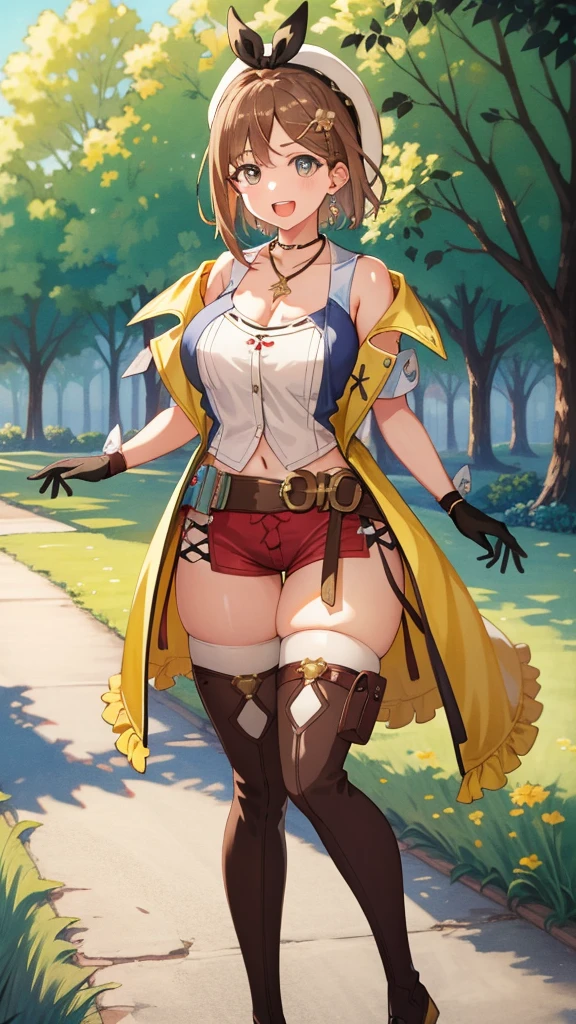 {{{masterpiece}}}, {{{best quality}}}, {{ultra-detailed}}, {illustration}, {{an extremely delicate and beautiful}}, (beautiful detailed eyes:1.6), extremely detailed face, 8k, anime face, Reisalin Stout(Atelier Ryza), ryza, 1girl, solo, hat, white headwear, head ribbon, brown hair, hair ornament, hairclip, brown eyes, large breasts, plump thighs, BREAK, {{{1stDefault}}}, First Clothing, shorts, gloves, belt, jewelry, red shorts, thighhighs, short shorts, bridal legwear, necklace, single glove, star necklace, toeless footwear, leather, star (symbol), brown gloves, boots, short hair, thighs, leather belt, brown belt, flask, leather gloves, jacket, blue belt, navel, thigh boots, sleeveless jacket, thigh pouch, white thighhighs, collarbone, yellow jacket, brown footwear, cleavage, thighs, zettai ryouiki, BREAK, sorriso alegre, open mouth, visual anime de uma jovem mulher, extremamente bonito rosto de anime, anime melhor garota, sorriso astuto, outdoor, sky, daytime, forest, field