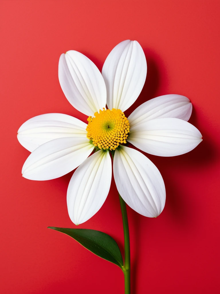 1 small white flower on a solid red background,50%White Space