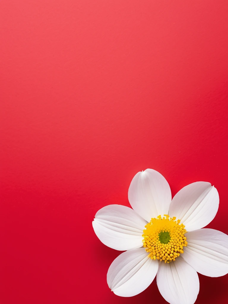 1 small white flower on a solid red background,50%White Space