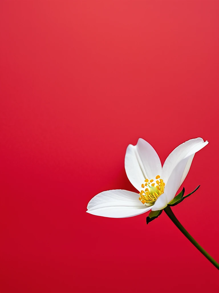 1 small white flower on a solid red background，50%White Space