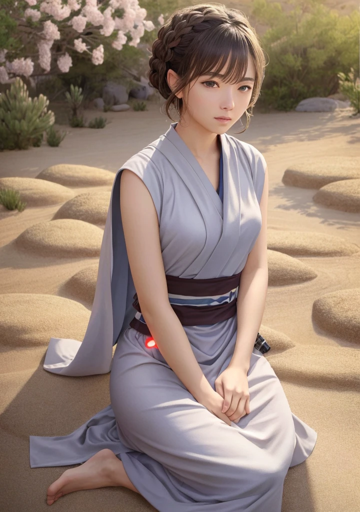 (Jedi meditation:1.3), serene photo,1girl, Jedi master in deep meditation, in jedioutfit, sitting cross-legged, (desert oasis:1.1), surrounded by blooming desert flowers, harmonizing with the Force, spiritual retreat, transcendent tranquility, desert enlightenment, Absurdres, hdr, ultra detailed illustration, extremely detailed face, RAW photo, film grain, skin pores, trending on deviantart