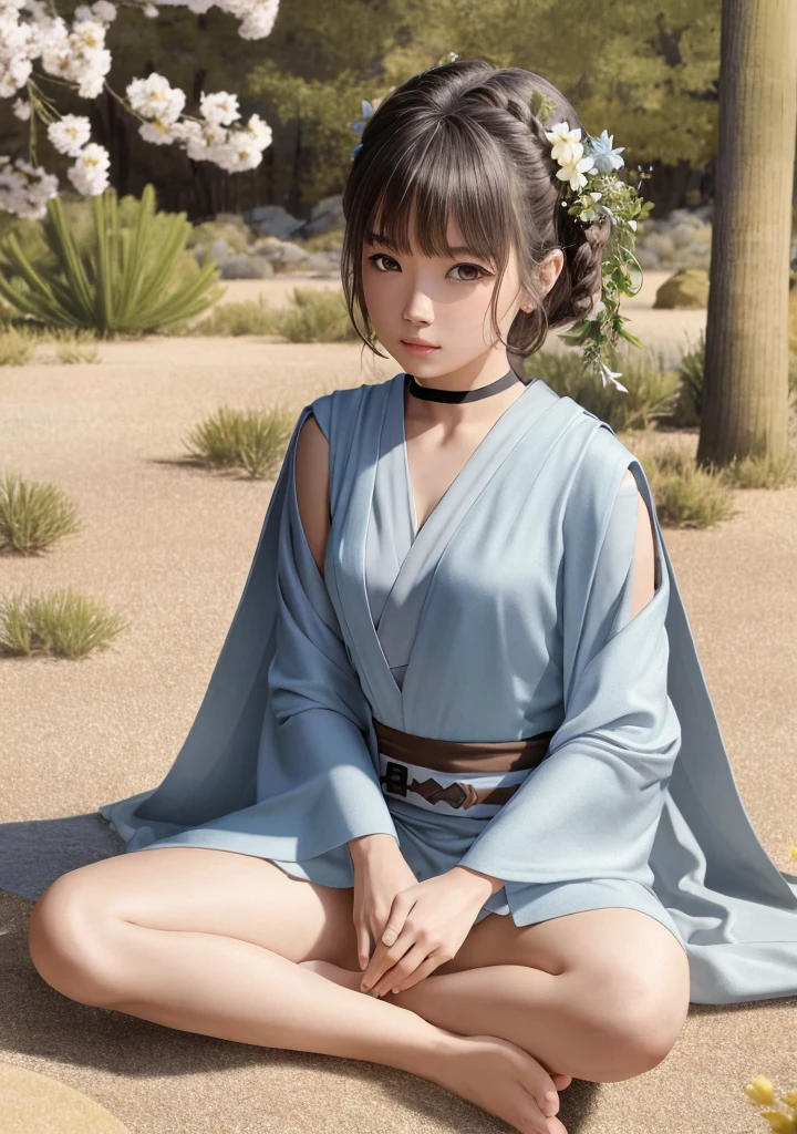 (Jedi meditation:1.3), serene photo,1girl, Jedi master in deep meditation, in jedioutfit, sitting cross-legged, (desert oasis:1.1), surrounded by blooming desert flowers, harmonizing with the Force, spiritual retreat, transcendent tranquility, desert enlightenment, Absurdres, hdr, ultra detailed illustration, extremely detailed face, RAW photo, film grain, skin pores, trending on deviantart
