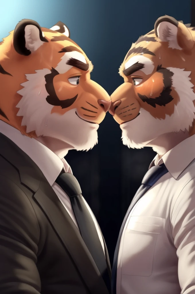 Author: bontiage, (2 boy), tiger, big bulge crotch, boner, Black pants, (sweat:1.6), long sleeve plain White shirt, Blue necktie, Men's Second, kemono, hot body, muscle, Beautiful, sexual, Attractive guy, (Detailed black eyes), brows, (masterpiece, A high resolution, Best quality), 4K, a male, Beautiful shadow, (red cheek:1.5), (Twins facing each other:1.5),front side, They both look exactly the same, One of them is naked and has his hands and feet tied.