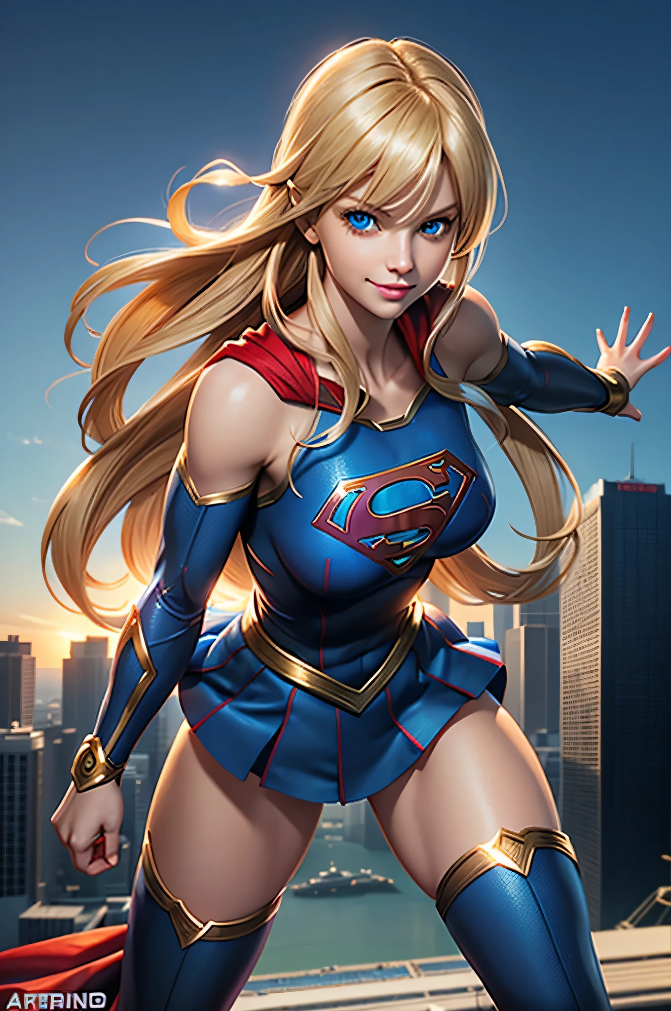 The character Supergirl, extremely realistic costume, perfect blue eyes, extremely realistic anatomy, shy smile, beautiful woman, beautiful blond hair , perfect fingers, extremely realistic anatomy