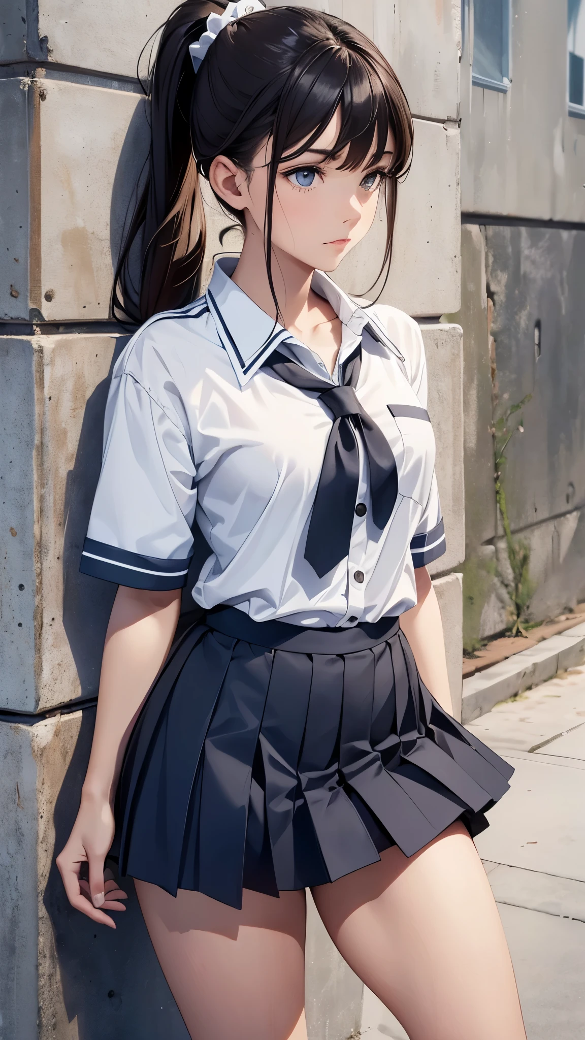 A 17 year old girl with brown hair in a ponytail,slender body,sailor suit, dark blue collar, white shirts, short sleeve, school, dark blue skirt, black skirt,rage,socks,sneakers,(best quality,4k,8k,highres,masterpiece:1.2),ultra-detailed,(realistic,photorealistic,photo-realistic:1.37),portrait