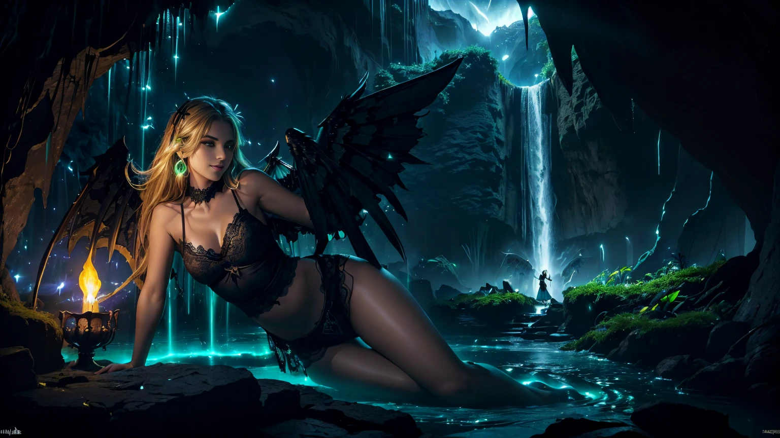 (8k resolution), (net wallpaper). (1 pretty girl:1.8), (1 fallen angel:1.8), perfect body, (2 big black wings:1.5), (blond hair), blue eyes, large gold hoop earrings, choker, charming smile. dressed in a (sumptuous black camisole:1.3) embroidered with (red lace:1.3). in a cave, girl standing in (magnificent waterfalls:1.3) of turquoise water, (luminescent green vegetation:1.3) on the walls of the cave. (cave lit by braziers:1.3), (darkness cave:1.5), (dark night:1.8)