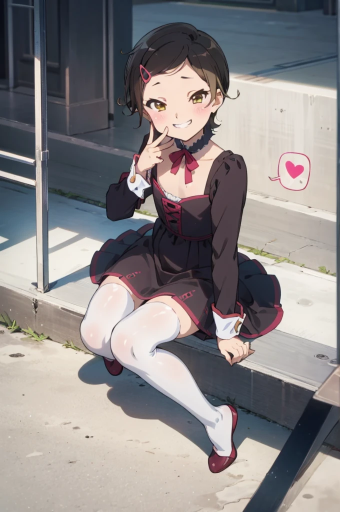 ,8yo,(petite), 1girl, looking at viewer, , hazuki katou,,,, ,park,,blush,(spoken heart),,flat chest,(evil smile,grin),summer dress,,perfect lighting,perfect shadow,thighhighs,long sleeve