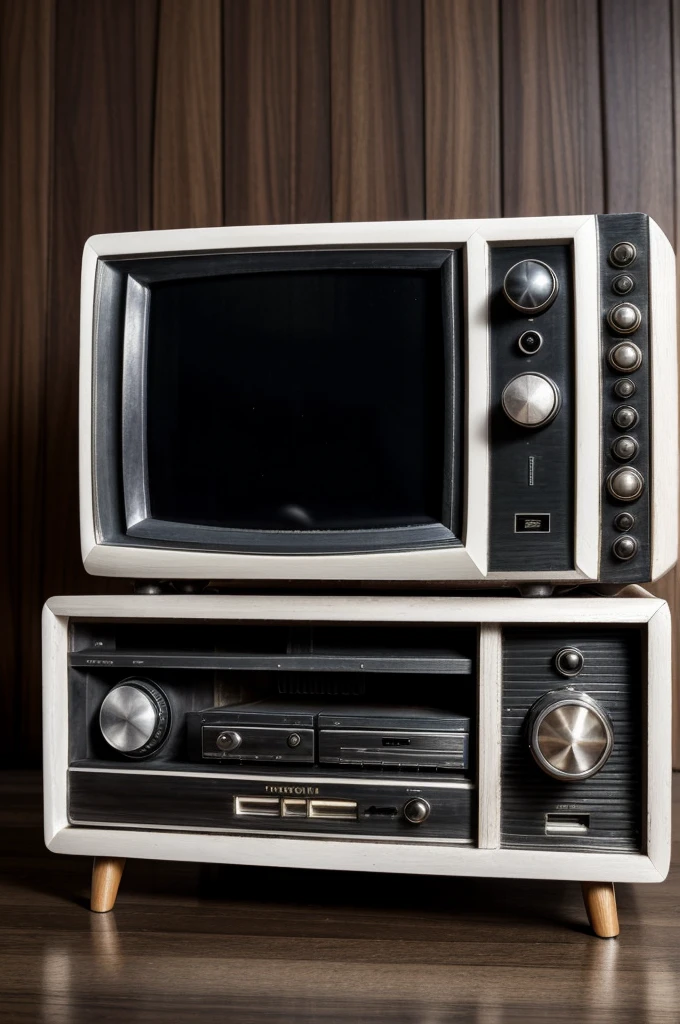 A detailed image of an old television set, vintage design with knobs and antennas, placed on top of a small wooden table, front view, high-resolution, photorealistic, background: 100% white