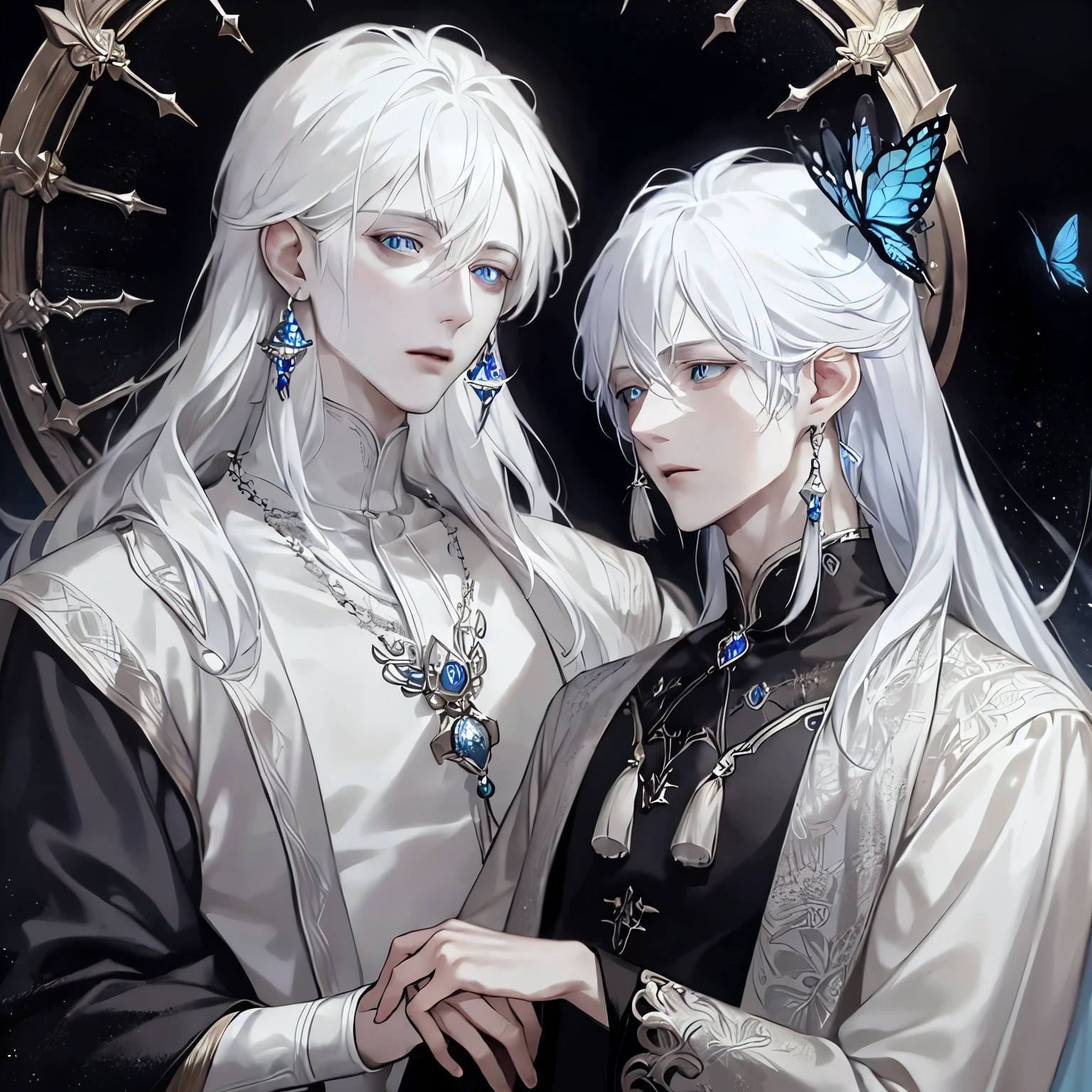 masterpiece, Male focus, 1 boy, solitary, white hair, tassel earrings, tassel, jewelry, earrings, open mouth, black background, blue eyes, Long hair, Vulnerabilities, Butterfly, Upper Body, Hair between the eyes, Colorful hair,Pearlescent rose,individual,Eyes depicted in great detail