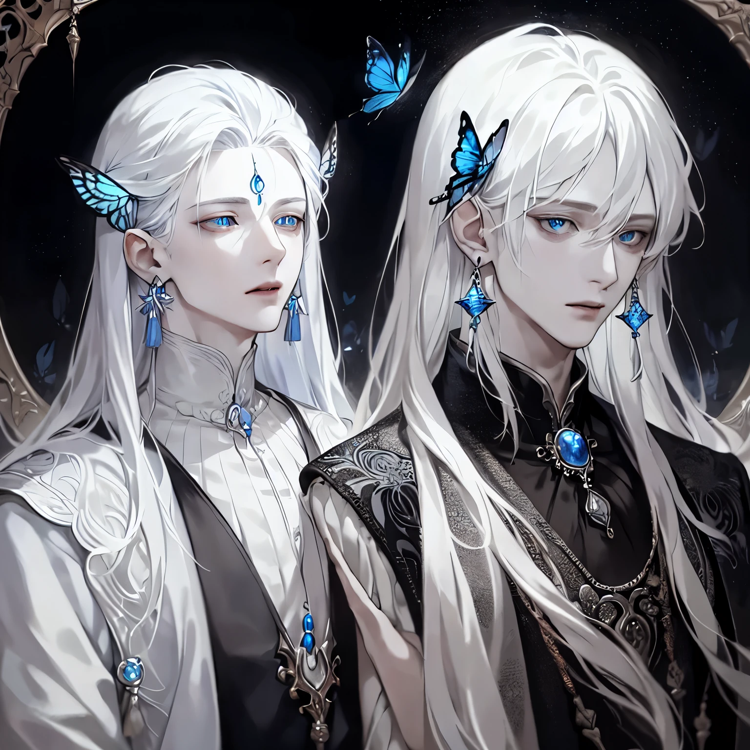 masterpiece, Male focus, 1 boy, solitary, white hair, tassel earrings, tassel, jewelry, earrings, open mouth, black background, blue eyes, Long hair, Vulnerabilities, Butterfly, Upper Body, Hair between the eyes, Colorful hair,Pearlescent rose,individual,Eyes depicted in great detail