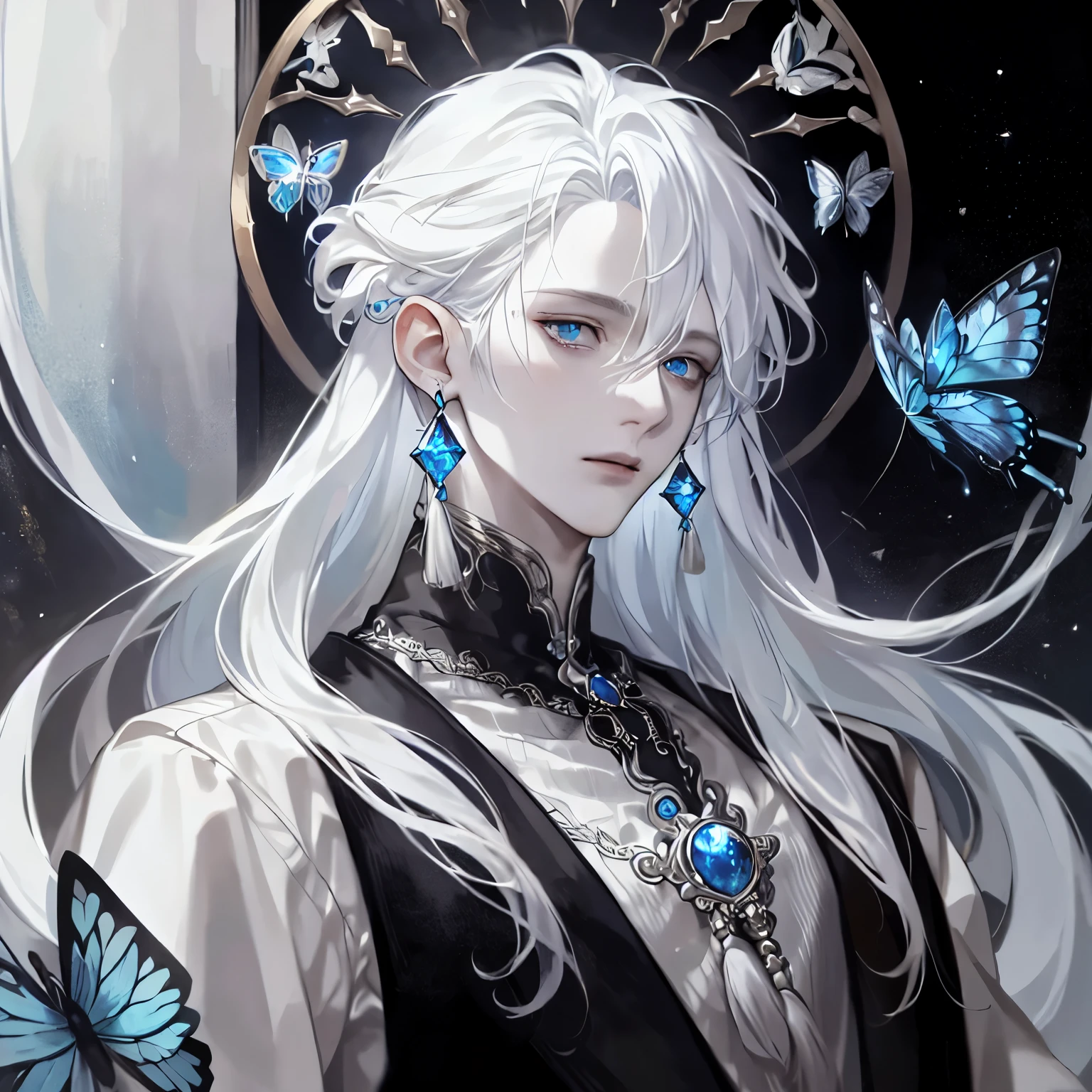 masterpiece, Male focus, 1 boy, solitary, white hair, tassel earrings, tassel, jewelry, earrings, open mouth, black background, blue eyes, Long hair, Vulnerabilities, Butterfly, Upper Body, Hair between the eyes, Colorful hair，Pearlescent rose，individual，Eyes depicted in great detail