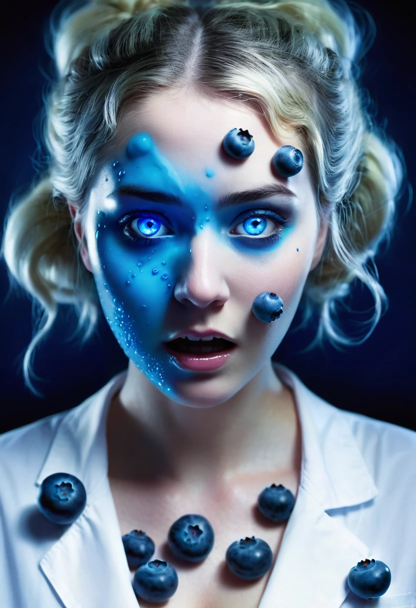 scientist, female, creepy, transforming, blueberry, mishap, formula, laboratory, horror, surreal, swelling up, blue, worried, experiment, accident, modern, eerie, detailed, glowing, vivid, turning blue