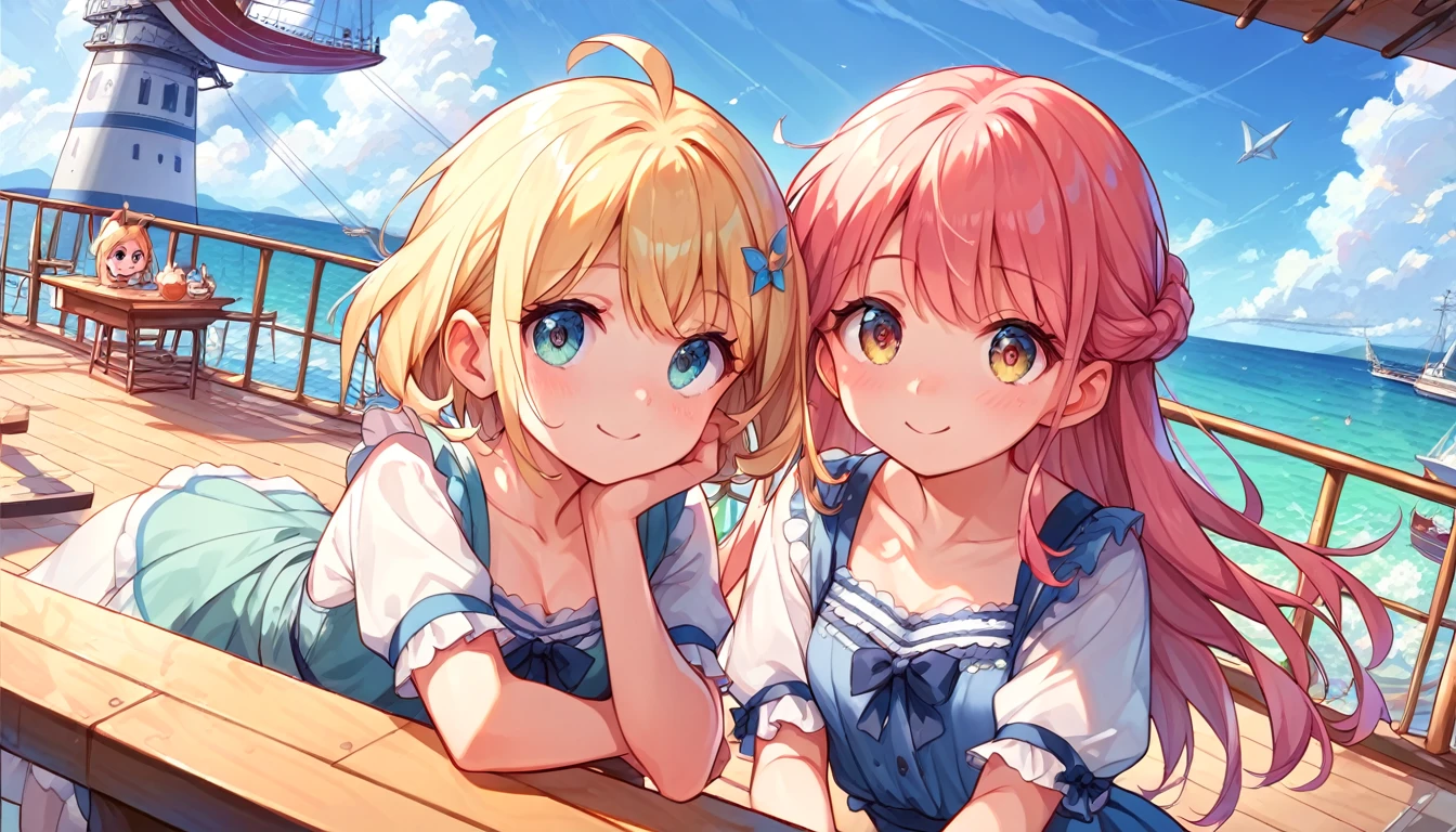 ((2girls:1.3)), ((moe style:1.3)), cruise ship deck, golfing, ((perfect face)), ((extremely cute:1.3)), ((masterpiece:1.3)), ((8k)), ((best quality:1.3)), ((beautiful)), ((extremely detailed:1.3)) , ((absurdres)), AddXL, ((score_9:1.3)), ((score_8_up:1.3)), ((score_7_up:1.3))