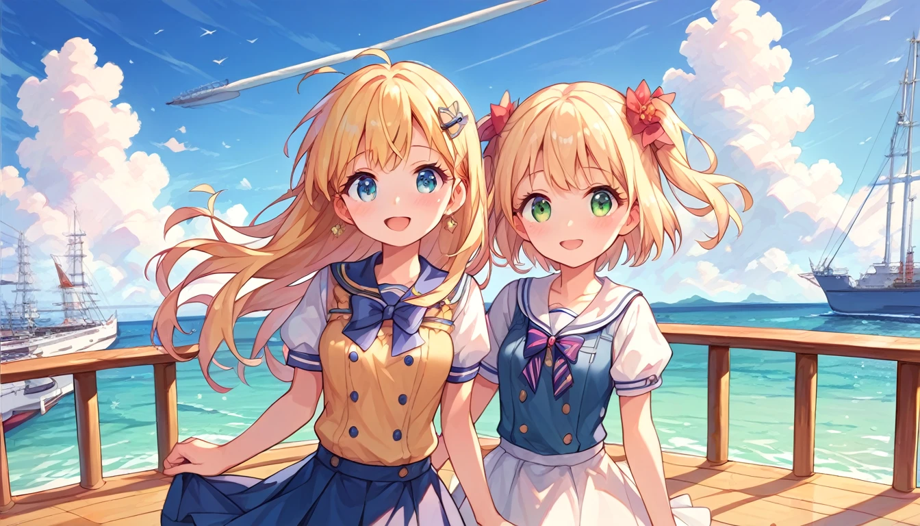 ((2girls:1.3)), ((moe style:1.3)), cruise ship deck, golfing, ((perfect face)), ((extremely cute:1.3)), ((masterpiece:1.3)), ((8k)), ((best quality:1.3)), ((beautiful)), ((extremely detailed:1.3)) , ((absurdres)), AddXL, ((score_9:1.3)), ((score_8_up:1.3)), ((score_7_up:1.3))