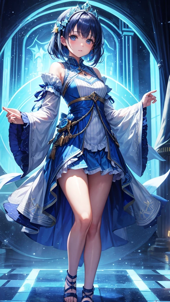 A girl in a blue was standing surrounded by flickering dream lights.