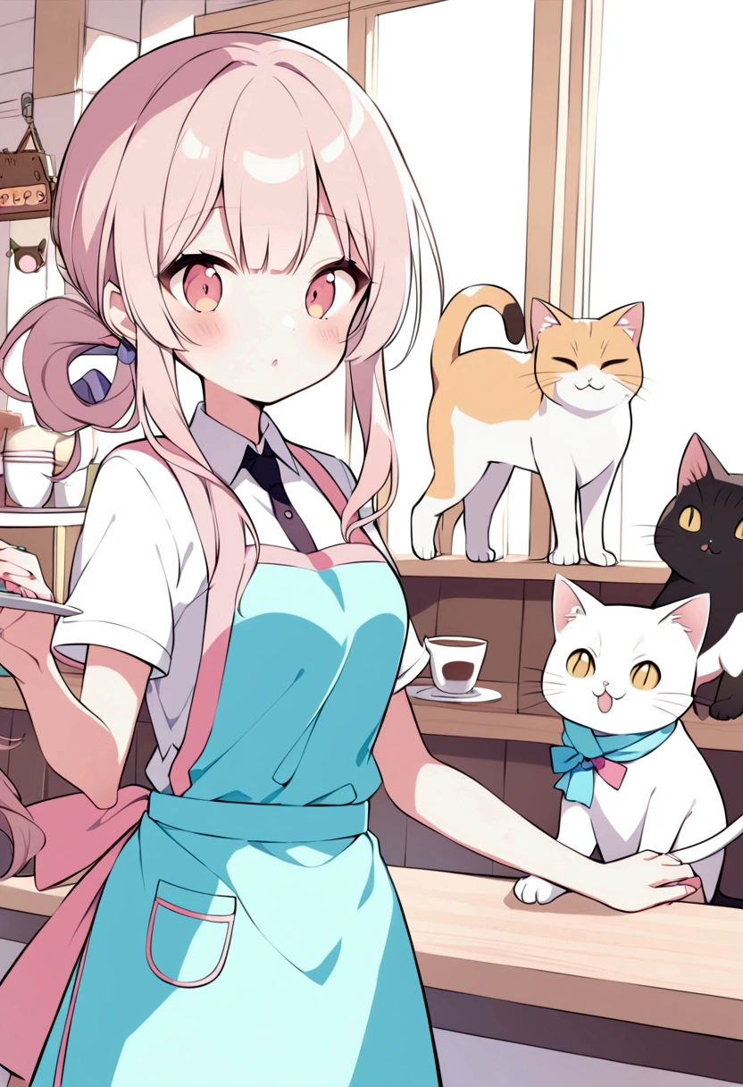 An illustration、Cat Cafe、Cute clerk、apron