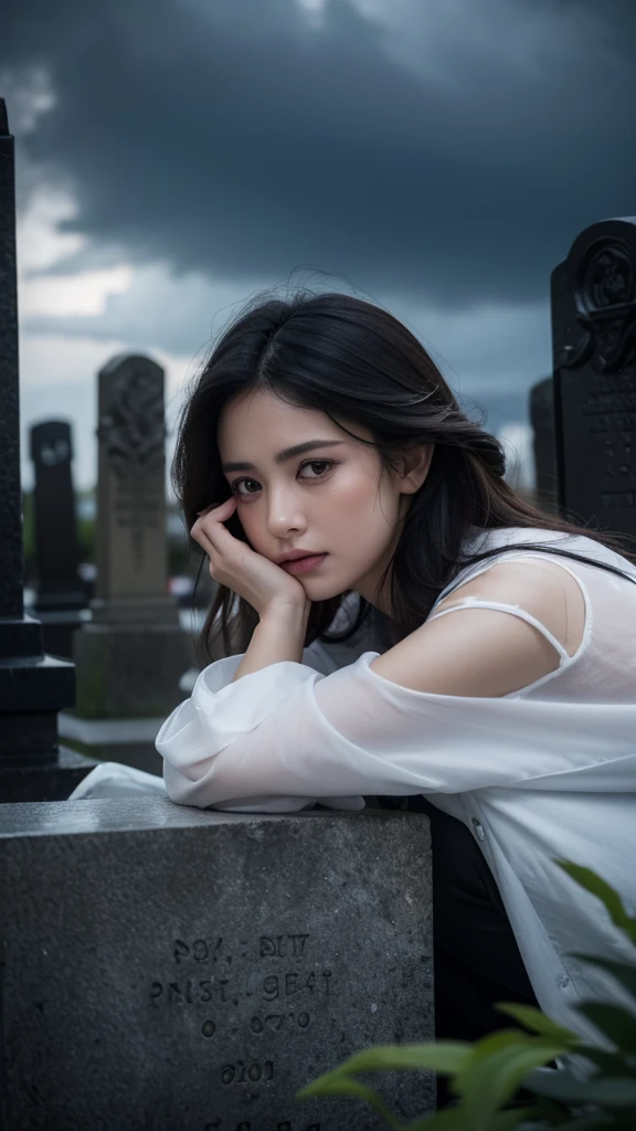 a 40 year old pregnant woman crying with 3 small boy children in front of a grave,detailed face and body,extremely detailed eyes and face,longeyelashes,beautiful skin,sad expression,holding children,mourning,cemetery,gravestones,cloudy sky,gloomy atmosphere,somber mood,dramatic lighting,muted colors,realistic,photorealistic,photo-realistic:1.37,(best quality,4k,8k,highres,masterpiece:1.2),ultra-detailed,HDR,UHD,studio lighting,ultra-fine painting,sharp focus,physically-based rendering,extreme detail description,professional,vivid colors,bokeh