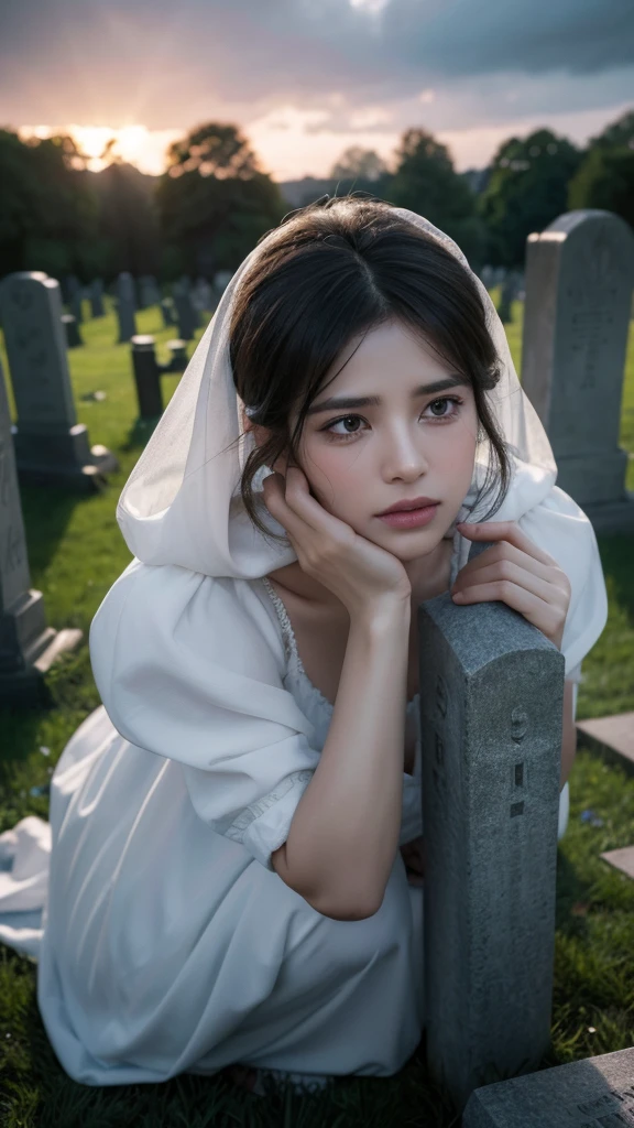 a 40 year old pregnant woman crying with 3 small boy children in front of a grave,detailed face and body,extremely detailed eyes and face,longeyelashes,beautiful skin,sad expression,holding children,mourning,cemetery,gravestones,cloudy sky,gloomy atmosphere,somber mood,dramatic lighting,muted colors,realistic,photorealistic,photo-realistic:1.37,(best quality,4k,8k,highres,masterpiece:1.2),ultra-detailed,HDR,UHD,studio lighting,ultra-fine painting,sharp focus,physically-based rendering,extreme detail description,professional,vivid colors,bokeh