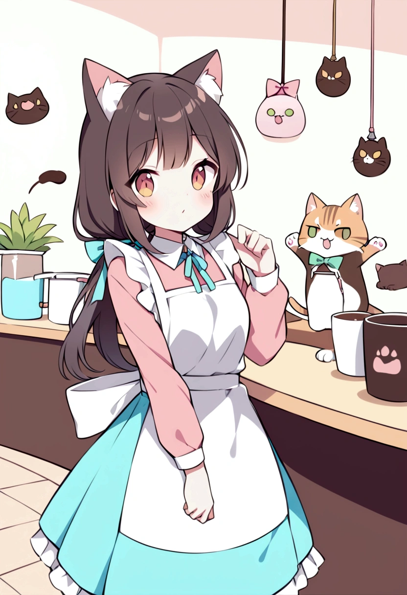An illustration、Cat Cafe、Cute clerk、apron