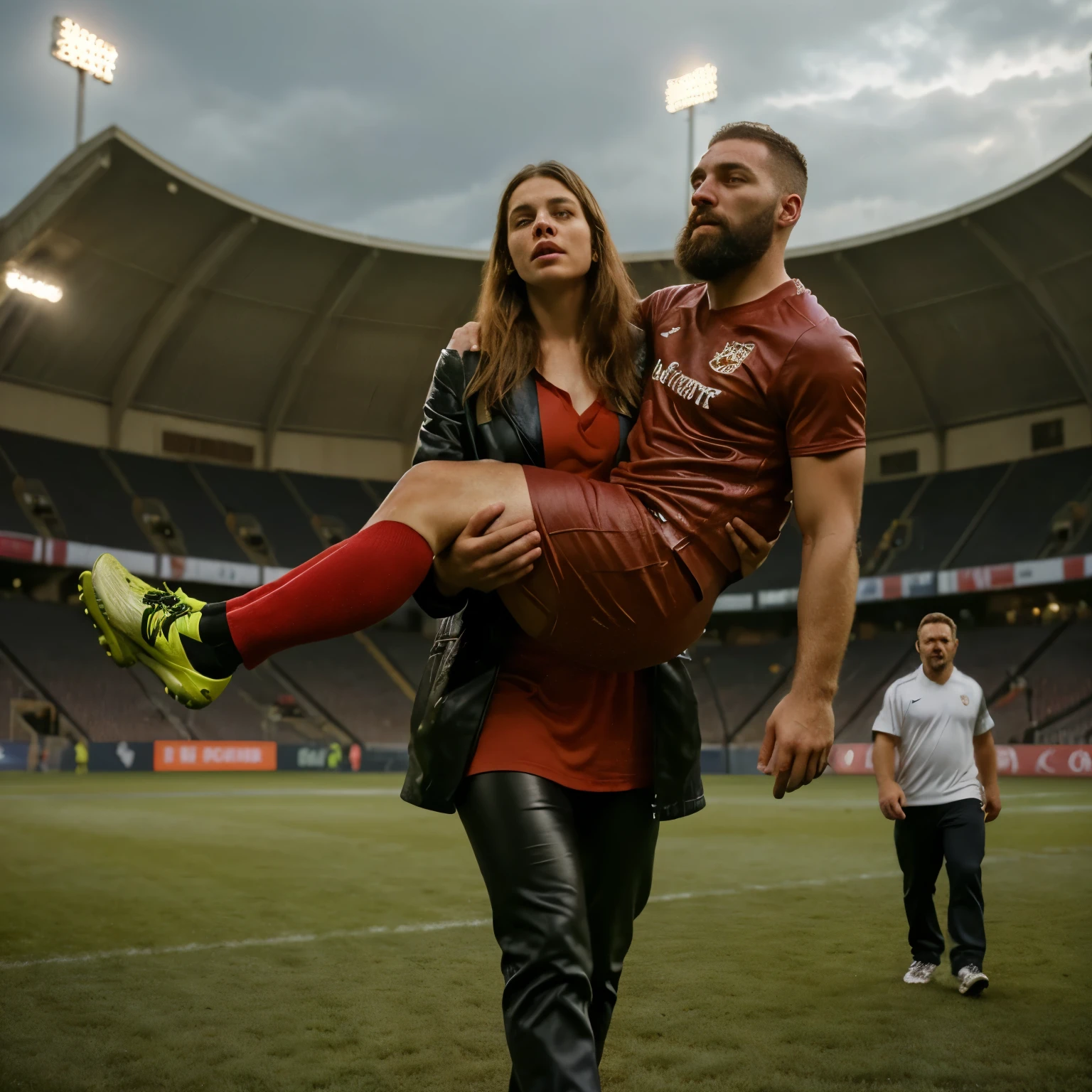 woman carrying man, a passed out bearded man is carried, a woman is carrying a fainted bearded man, a consciousless bearded man, a woman and a bearded man, Andrea carries the wounded man's body in her hands, Andrea grabs his legs and his body with her hands, the bearded man in Andrea's arms is visibly in pain, stadium atmosphere, the bearded man is lying consciousless in Andrea's arms with one arm hanging down, A scene at a soccer stadium, a bearded man lying in a caring women's arms, lying helpless in her arms with his head dangling down, he has one arm dangling down while being carried in the women's arms, There is an attractive and heavily made-up woman in a long black leather coat, A pretty woman in a shiny black leather coat on a soccer field, A wonderful woman is holding a passed out man, A man in matt and roughened sportswear is held diagonal in her arms, a man in a woman's arms and lets one arm dangling down, we see the man held in front of the woman's body, the man is cradled in the woman's arm while being carried, the beautiful woman is exceptionally heavily made up and has an extremely desperate and very angry expression on her face, high-resolution photo, realistic sports photo, soccer scene, woman in black shiny long leather coat, injury scene, real photo, ultra realistic, high definition, sports photography