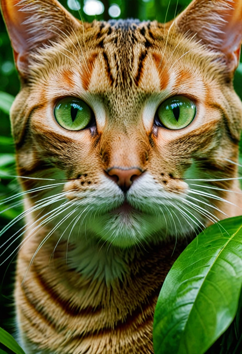High Geographic Nation Symmetrical Close-up Portrait Session in the Green Jungle of an Expressive Cat Animal , anamorphic lens, ultrarrealista, hiperdetallado, núcleo verde, core of the jungle –ar 16:9 –q 2 –v 5