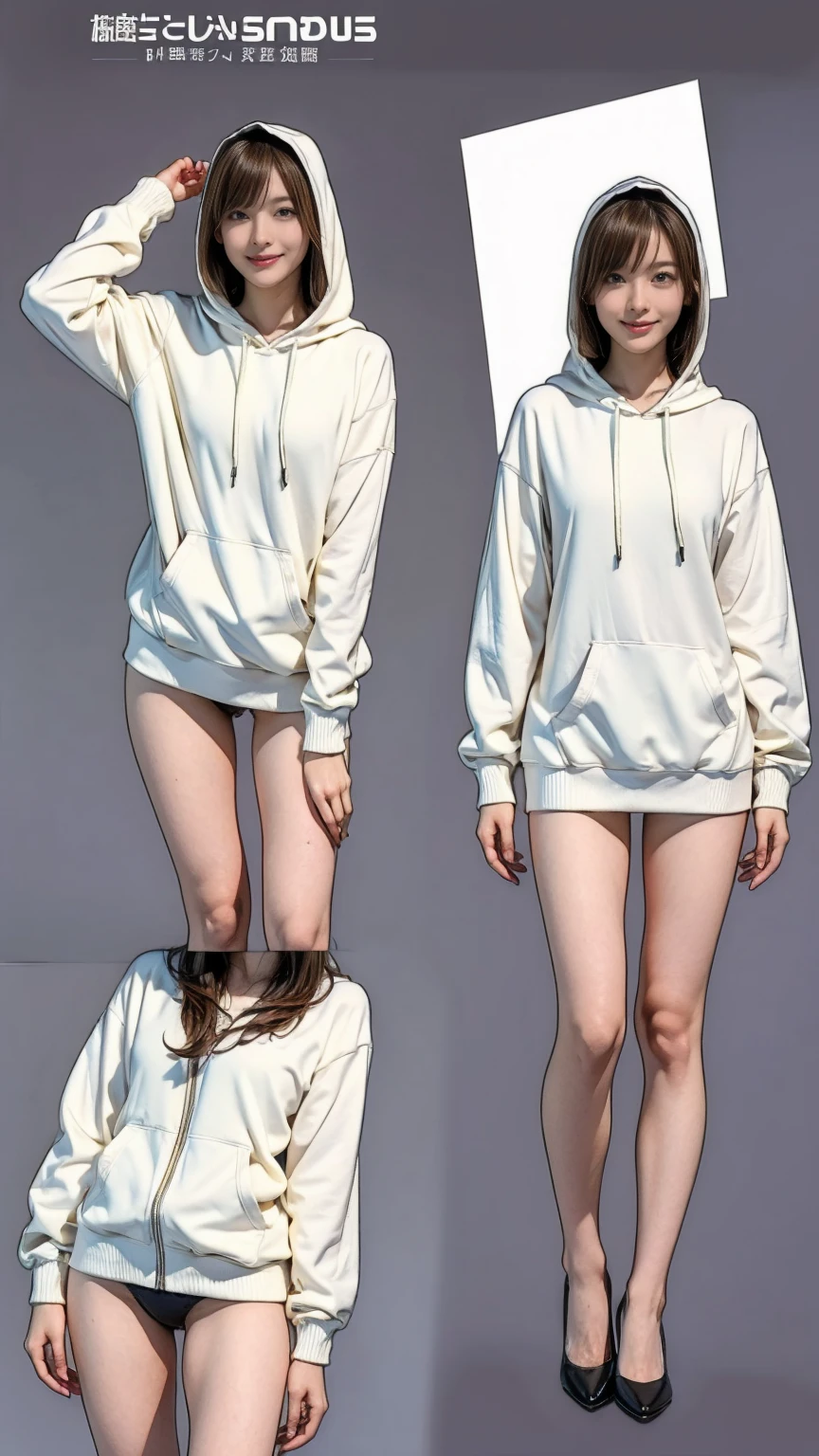 ((masterpiece)),(((Highest quality))),((Character design sheet)), Thin thighs,Long legs,18 year old Japanese girl, Cute type,The best smile:1.5，white long hoodie:1.5, Black panties in full view 1.5，Very short hair ,  (Highly detailed skin), The background is gray，Tuck up your clothes:1.5，Wearing a hood:1.5，