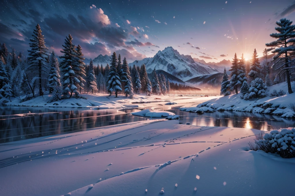 landscape wallpapers of beautiful places without people, digital illustration inspired by Hidetaka Miyazaki, a snow-covered mountain landscape with pine trees and a frozen lake at dusk, cool tones of white and blue, soft twilight lighting, serene and ethereal atmosphere