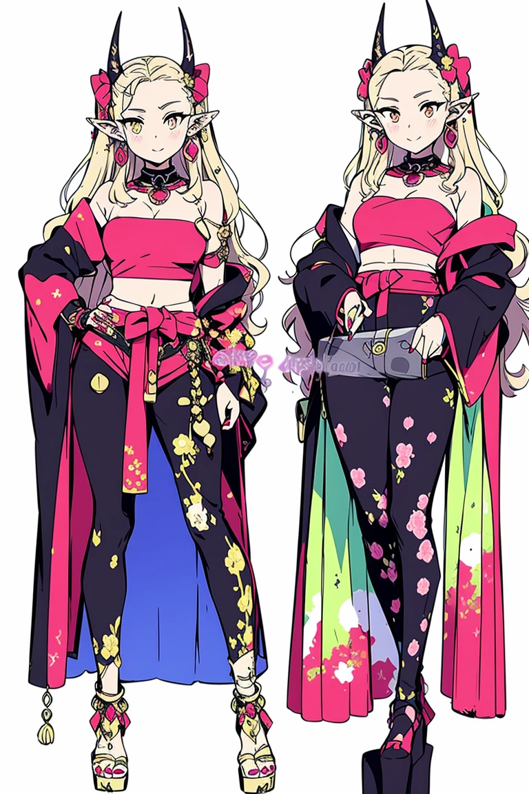 1 girl, standing alone, (ibaraki_Douji), blond, yellow  eyes, slitted pupils, oni horns, Japanese clothing, pointy ears, kimono, bare shoulders, Off The Shoulder, yellow kimono, forehead mark, toenails, sharp toenails, ((Red Hands)), hair accessories, hair slicked back, jewelery, earrings, he used to smile, he used to smile, (sharped teeth), (hands on chest), gazing at viewer, Trunk, standing, artwork, best quality