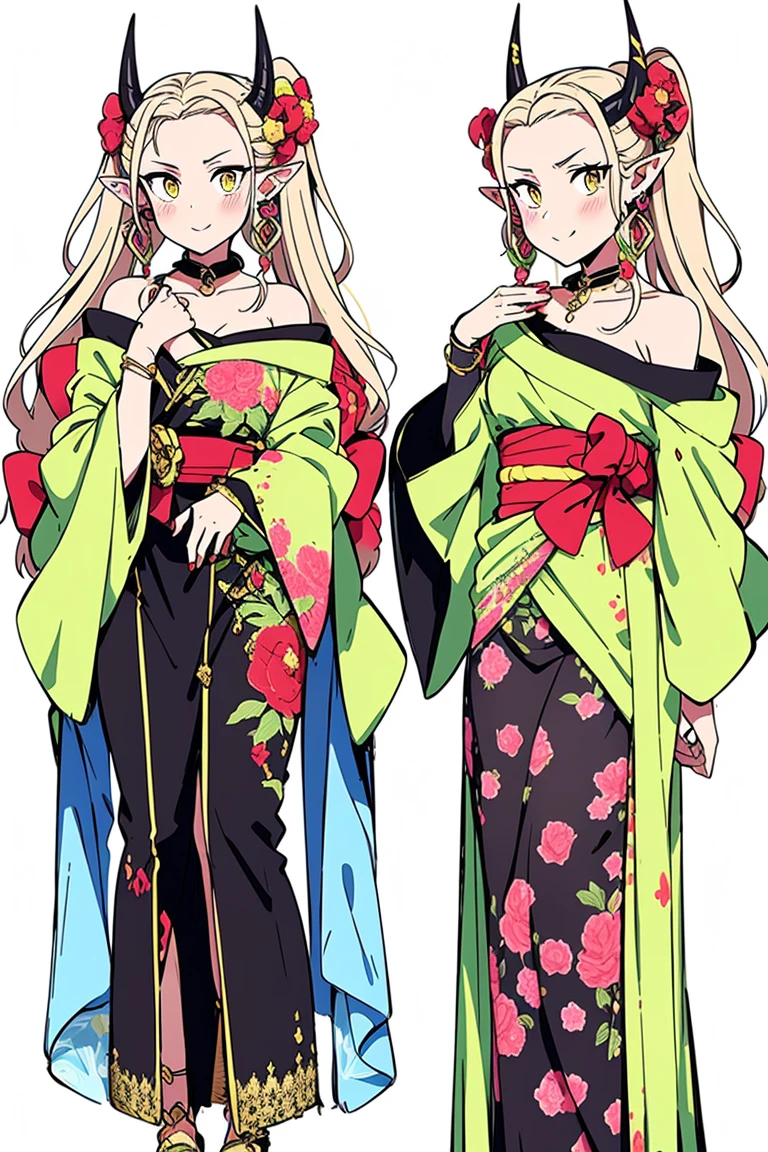 1 girl, standing alone, (ibaraki_Douji), blond, yellow  eyes, slitted pupils, oni horns, Japanese clothing, pointy ears, kimono, bare shoulders, Off The Shoulder, yellow kimono, forehead mark, toenails, sharp toenails, ((Red Hands)), hair accessories, hair slicked back, jewelery, earrings, he used to smile, he used to smile, (sharped teeth), (hands on chest), gazing at viewer, Trunk, standing, artwork, best quality